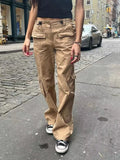 Znbbw Low Waist Pocket Cargo Pants Women Solid Elastic Waist Drawstring Straight Pants America Streetwear Casual Trousers Y2k