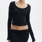 Znbbw Women Black Basic T-shirt Rib Knitted Button Up Long Sleeve Tees Vintage Cottage Y2K Fairy Grunge Crop Tops 2000s Retro Clothes