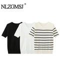 Znbbw TRAF 2023 Women Spring Summer Sweet Striped Jacquard Knitted Pullover Sweater Cute Slim O-neck Chic Short Zevity Jumpers