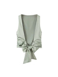 Znbbw TRAF Women Fashion With Tied Satin Back Open Crop Blouses Vintage O Neck Sleeveless Female Shirts Blusas Chic Tops