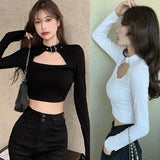 Znbbw Women's Square T-shirt  Collar Slim Sexy Navel Exposed Long Sleeved T-shirt Tops