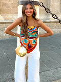Znbbw Crop Top Long Pants Print Fashion Set Outfits Strapless Tie Back Pockets Folk Boho Floral Suit Beach Casual Summer Set