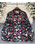 Znbbw Women Spring Shirt Korean Version Temperament High-end Floral Shirt with Bubble Sleeve Design Niche and Unique Top D5053