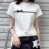 Znbbw Y2k T Shirts Short Sleeve Bow Patchwork Aesthetics Female Slim Crop Tops Summer Preppy Style 2000s Design Girl Clothing