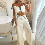 Znbbw Women's 2-piece Pants Set 2024 Spring Solid Single Breasted Split Tops High Waist Wide Leg Trousers Female Pants Sets