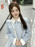 Znbbw Elegant Retro 2 Piece Set Women Blue Pleated Sweet Skirt Suit Female Korean Fashion Long Sleeve Vintage Set 2024 New