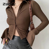 znbbw Street Style Long Sleeve Slim Women Short Shirt Sexy Elasticity Solid Button Ladies Blouse 2023 Summer Female Crop Tops