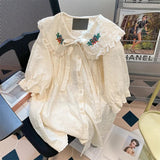 Znbbw Vintage Shirts Small Fragrance Peter Pan Collar Puff Sleeve Blouses Ruffles Lace Up Flower Embroidery Sweet Women Tops
