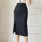 Znbbw Women's Office Formal OL Straight Skirts Elegant Folds Split High Waist Package Hips Midi Skirts Women Casual Slim Jupe Femme