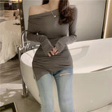 Znbbw Shoulder Skew Collar Solid Full Sleeve T-shirts Girls Sexy Chic Irregular Split Tshirts Tops For Woman 2024 Autumn