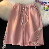 Znbbw Waist Casual Wide Leg Shorts Women Y2k Summer Loose Drawstring Lace Up Jogging Pants BF Fashion Baggy All-match Sweatpants