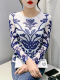 Znbbw Printing Positioning Flower Long Sleeved Round Neck Slim Fit Top Women Autumn Spring Stretchy Mesh T-shirts FF0875