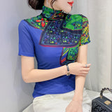 Znbbw Spring Print Tees Women Turtleneck Soft Short Sleeve T Shirts Lady Mesh Elegant Stretchy Tops Tees Female T-Shirt