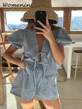Znbbw Plaid Shorts Sets Women Loose Lace Up V-neck Puff Sleeve Shirts Wide Leg Short Pants 2024 Summer Lady Two Pieces Sets New