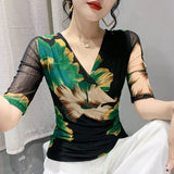 Znbbw Women Half Sleeve Print Mesh T Shirts Lady Elegant Elastic Crossed V Neck Floral Tops Tees Female Fashion T-Shirt