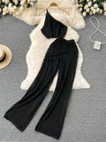 Znbbw Travel Holiday Style Two-piece Set Sexy Sloping Shoulder Vest Suit Summer New Loose Trousers Two-piece Suit Female D1108