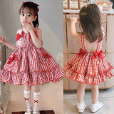 Znbbw Pleated Tutu Skirt Summer Party Clothes Bow Lace Girls Plaid Printing Sleeveless Dress