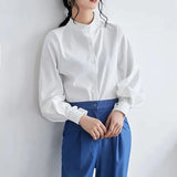 Znbbw Vintage Chiffon Shirts Women Lantern Sleeve Black Blouses Korean Elegant Office Lady Solid Loose Casual Tops New