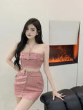 Znbbw Matching Sets Tube Top Bandage Crop Tops High Waist Mini Skirts Y2k 2000s Female Slim Design PU Leather Girl Two Piece Set
