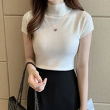 Znbbw Summer Half Turtleneck Slim Knitted T-shirt Women Elegant Solid Short Sleeve Casual Versatile Pullover Casual Skinny Tops