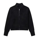 Znbbw O-neck Women Short Cardigan Retro Zipper Long Sleeve Knitted Sweater Female 2024 Casual Loose Solid Patchwork Sweaters