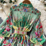 Znbbw 2023 Summer Holiday Beach Chiffon Flowy Dress Women's Stand Collar Lantern Sleeve Floral Print Boho Long Robes N1955