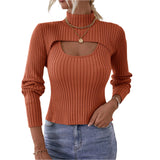 Znbbw Women's Spring Autumn Outfit Sets Solid Color High Neck Long Sleeve Short Knitwear Ribbed Sling Vest Shirt 2pcs Knitted Clothes