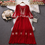 Znbbw Spring Summer Ethnic Style Waist Slim Embroidery O-neck Dress Female Red Seaside Holiday Bohemian Dress Women GD699