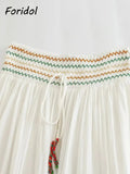 Znbbw Marine Organism Embroidery Batwing Sleeve Summer Spring Maxi Skirt Set Cotton White Tassle Dress Set Outfits Button Suit