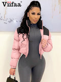 Znbbw Winter Jacket Women Stand Collar Patchwork Puffer Parka Outwear Elastic Hem Warm Zipper Front Crop Coats