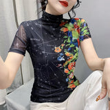 Znbbw Printed Mesh T Shirt Women Short Sleeve Turtleneck TShirts Lady Basic High Stretch Tops Tees