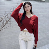 Znbbw Women's long sleeves Knitted Crossover design V-neck Women's sweater