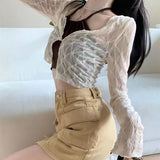 Znbbw Thin Sun Protection Cardigan Women Korean Loose V-neck Lace Crop Tops Y2K Ladies Fashion Argyle All-match Cardigan New