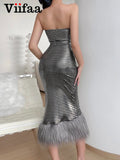 Znbbw Sexy Strapless Feather Hem Bodycon Y2K Night Dresses for Women Off the Shoulder Evening Party Elegant Midi Dress