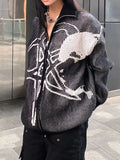 Znbbw High Street Cardigan Knit Coat Zipper Striped Jacquard Design Loose Sweater Autumn Winter Y2k Harajuku Vintage Clothing