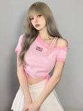 Znbbw Collar Off Shoulder Women Tees Y2k Punk Summer Draw String Gothic Contrast Color Crop Top Sweet Sexy Female Slim T Shirts