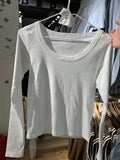 Znbbw White Round Neck Cotton T-Shirts Women Spring Solid Basic Casual Long Sleeve Tees Female Y2k Vintage Sweet Slim Tops 2024