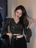 Znbbw Women Spring Summer Sexy V-neck Cross Cutout Strap Sequins Slim Fit Flared Sleeve Short T-shirt D0311