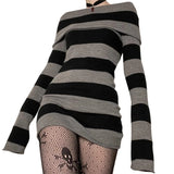 Znbbw Fairycore Grunge Striped Knitted Mini Dress for Women Autumn Off Shoulder Long Sleeve Bodycon Dress Y2k Aesthetic Clothes