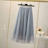Znbbw Women Elegant Solid Tulle Skirt Fashion Korean Mesh Pleated A Line Skirt Lady Summer Chic High Waist All-Match Party Midi Skirts