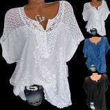 Znbbw Women Hollow V-Neck Embroidered Short-Sleeved Bat Sleeve Shirt Top Elegant Black/White/Blue Exquisite and Breathable Blouses