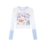 Znbbw Y2k T Shirts Long Sleeve Contrast Color Cartoon Print Aesthetics Crop Tops Spring Female Slim Gyaru 2000s Girl Clothing