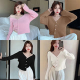 Znbbw Women's Sweater V-neck Temperament Short Style Solid Color Knitted Pearl Buckle Women's Top Sweater