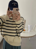 Znbbw retro casual striped pullover sweater knitted pullover women autumn and winter new loose long sleeve wind top women