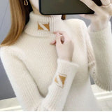 Znbbw Collar Pullover Sweater Women Mink Letter Jacquard Underlay Solid Western Knit Undercoat Autumn Winter Pullover Sweater