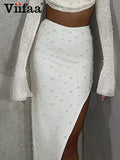 Znbbw Pink Beaded Y2K Midi Skirts for Women High Waist Bodycon Birthday Night Party Split Sexy Long Skirt