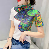 Znbbw Spring Print Tees Women Turtleneck Soft Short Sleeve T Shirts Lady Mesh Elegant Stretchy Tops Tees Female T-Shirt