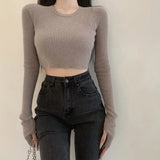 Znbbw Women's Sweater Base Sweater Versatile Round Neck Knit Sweater Slim Fitting Short Top Sweater