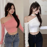 Znbbw Version Hanging Neck T-shirt With Sloping Shoulders Slim Fitting Sexy off Shoulder Short Long Sleeved T-shirt Top