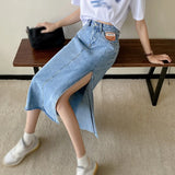 Znbbw Skirts Women A-line Solid Slim Side Slit Long High Waist Denim Skirt Wrap Hip Streetwear